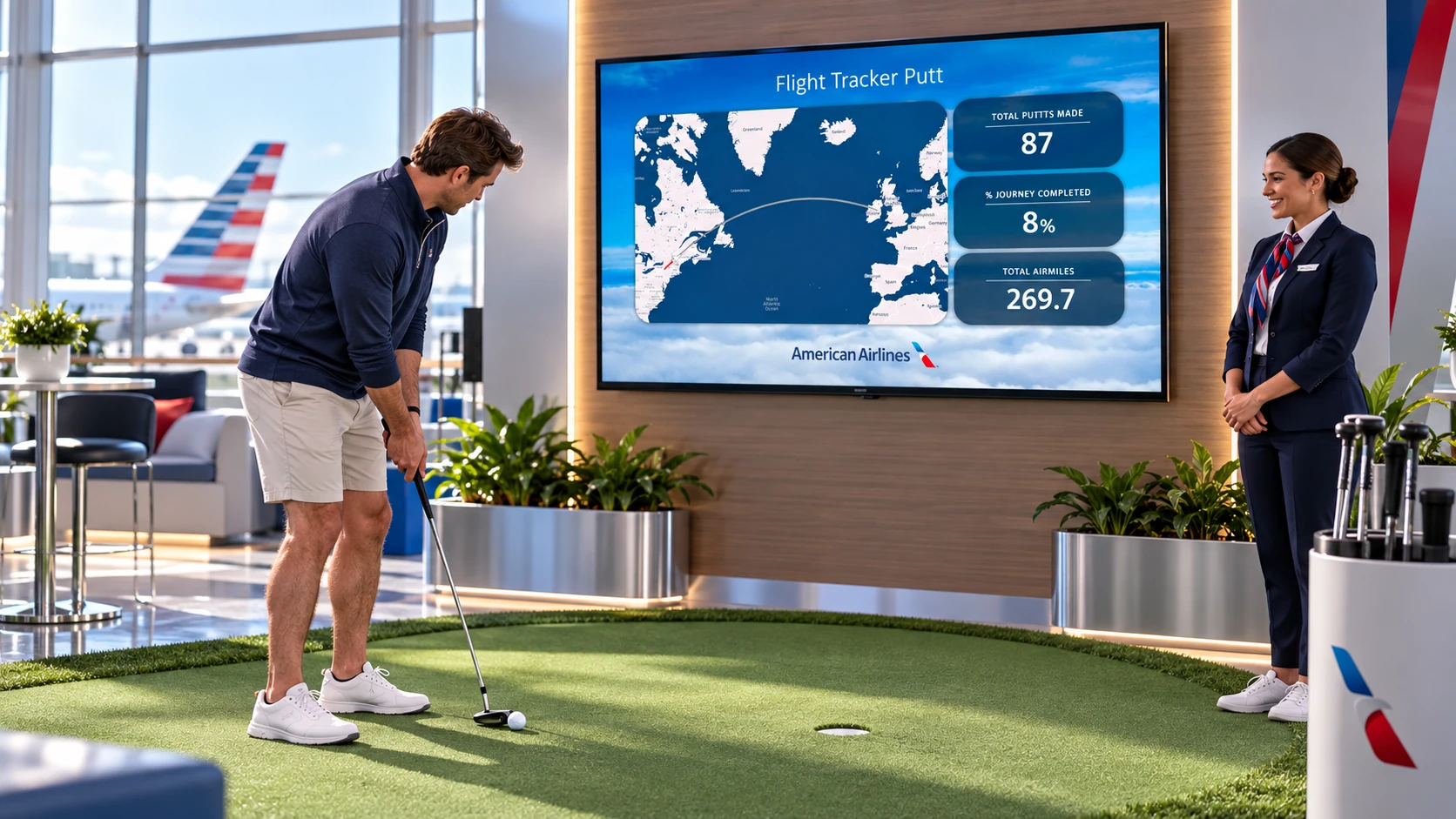 Concept visualisation of a guest taking part in the American Airlines - Flight Tracker Putt experience