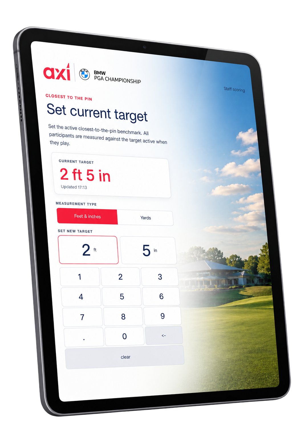AXI BMW PGA Championship staff scoring target screen on a tablet