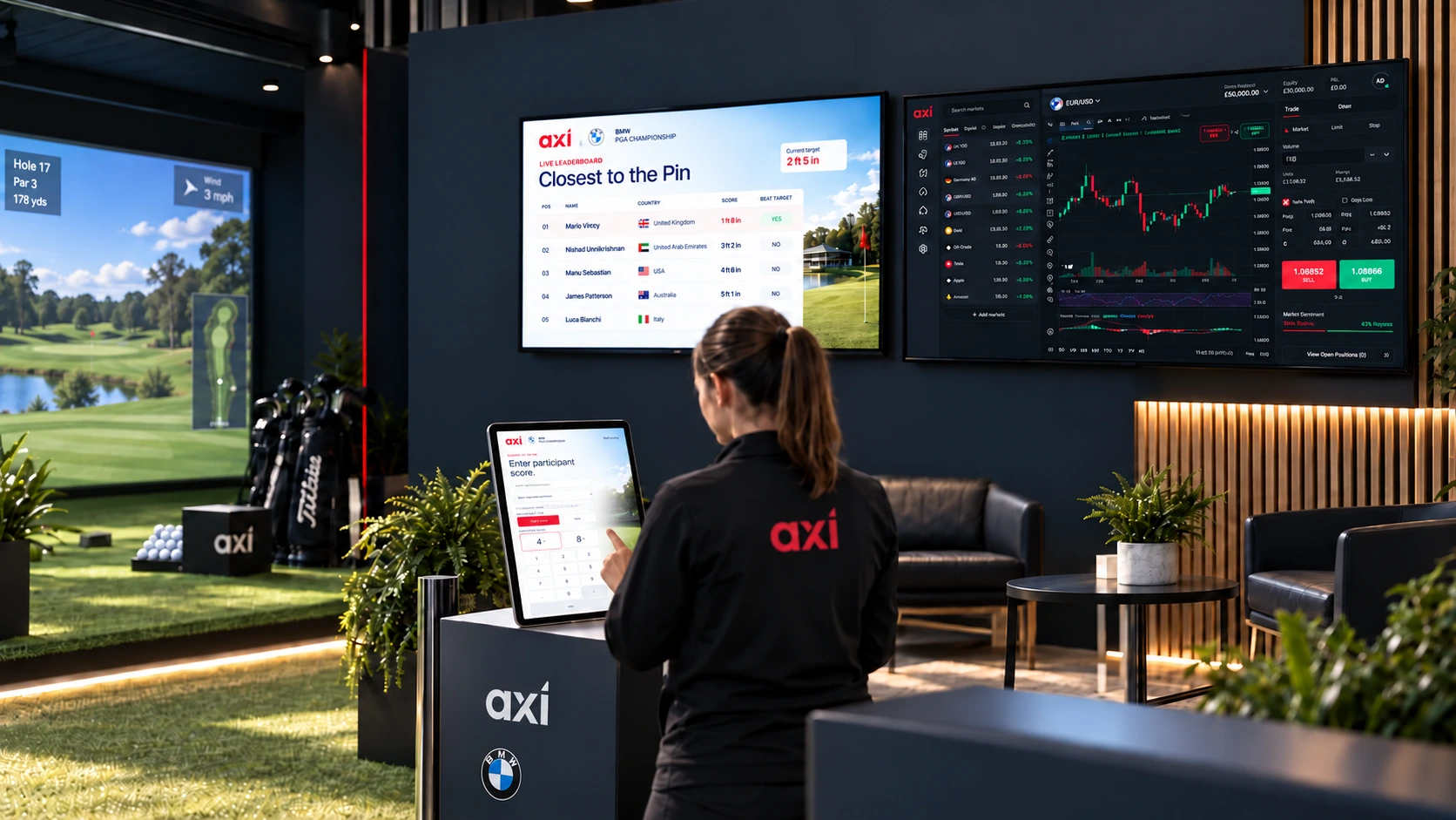 AXI BMW PGA Championship golf activation with staff scoring tablet and live leaderboard