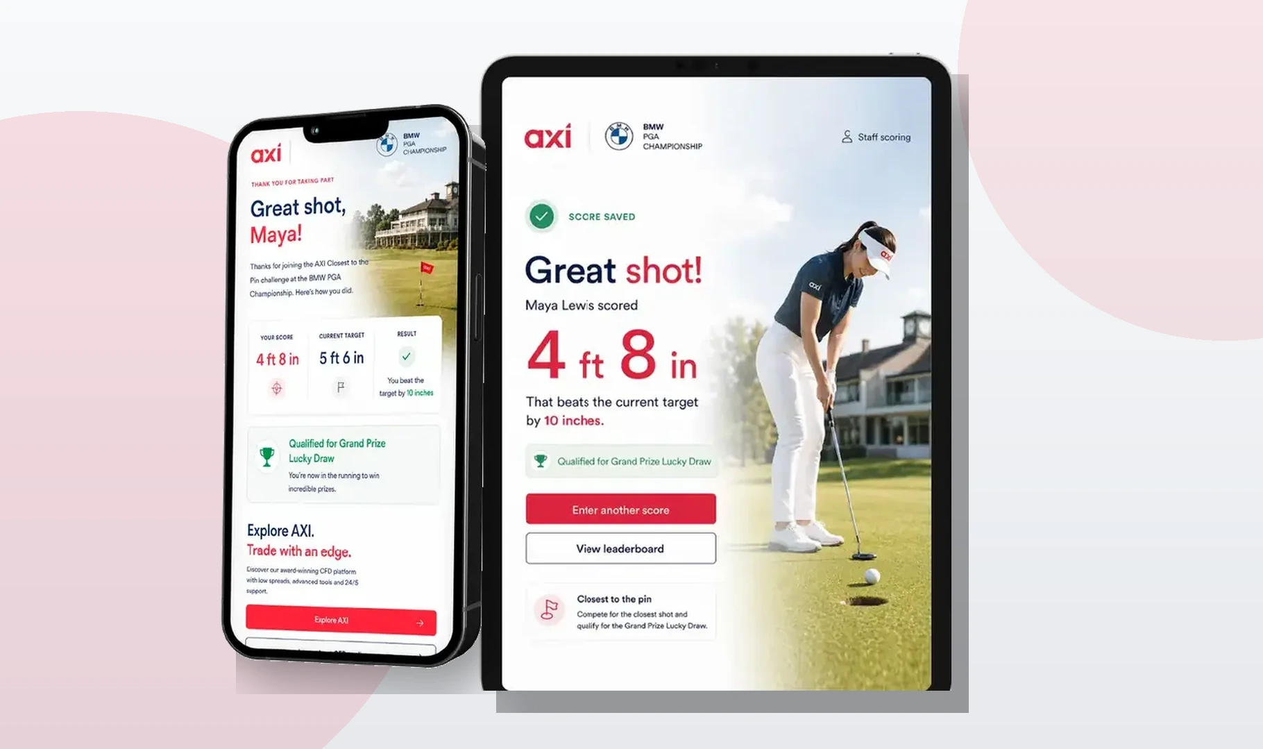 AXI BMW PGA Championship live leaderboard displayed on an iPad mockup