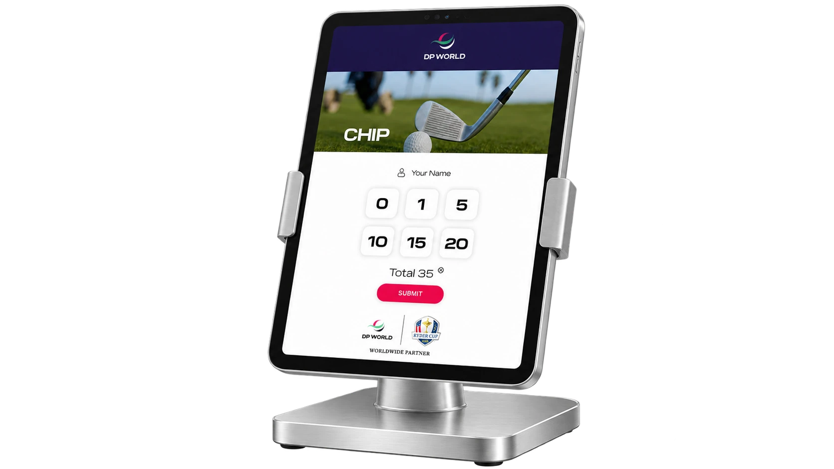 Portrait DP World scoring iPad on a brushed silver security fixture