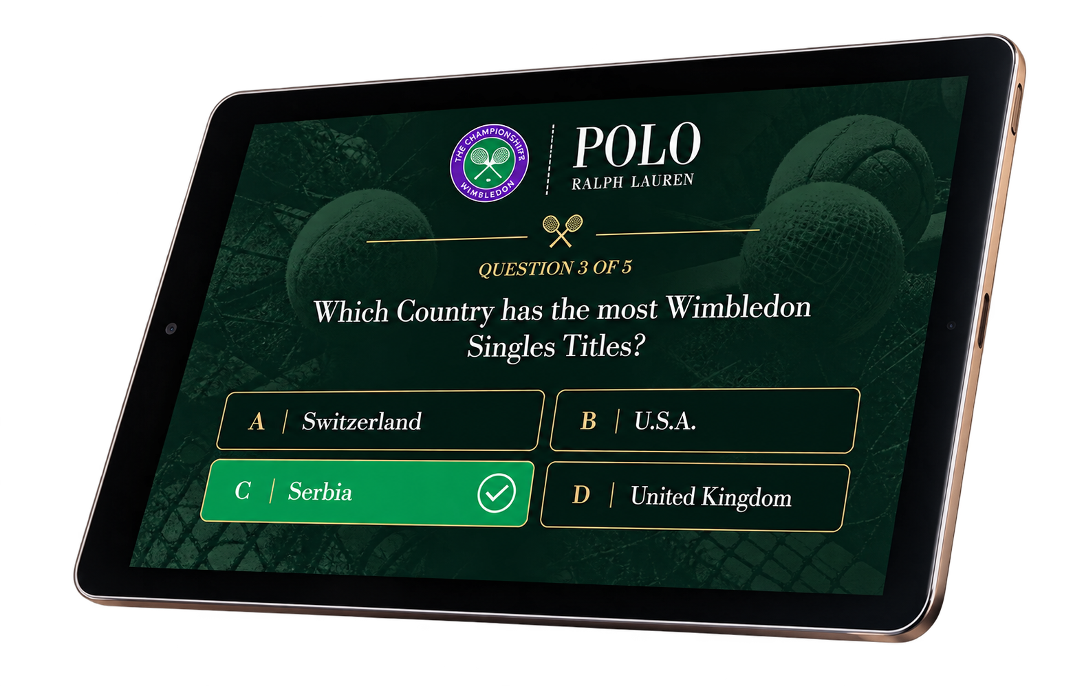 Ralph Lauren Wimbledon interactive quiz displayed on an iPad