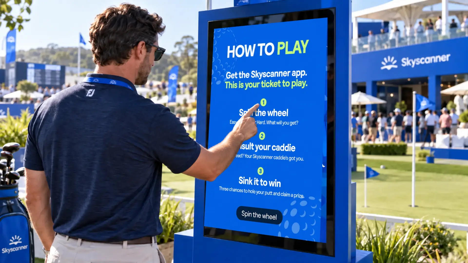 Guest using the Skyscanner interactive route selector at a golf event