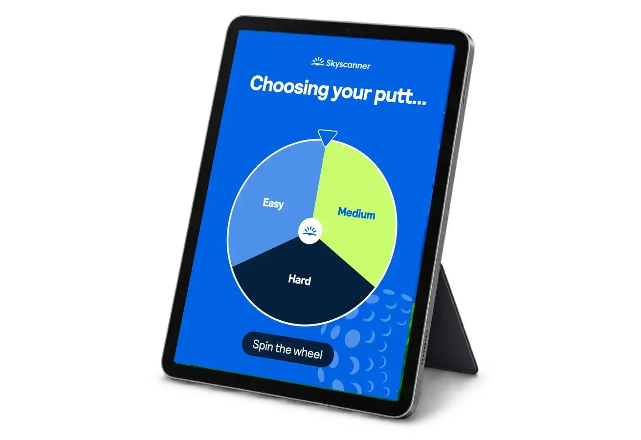 Skyscanner route result displayed on a portrait tablet mockup