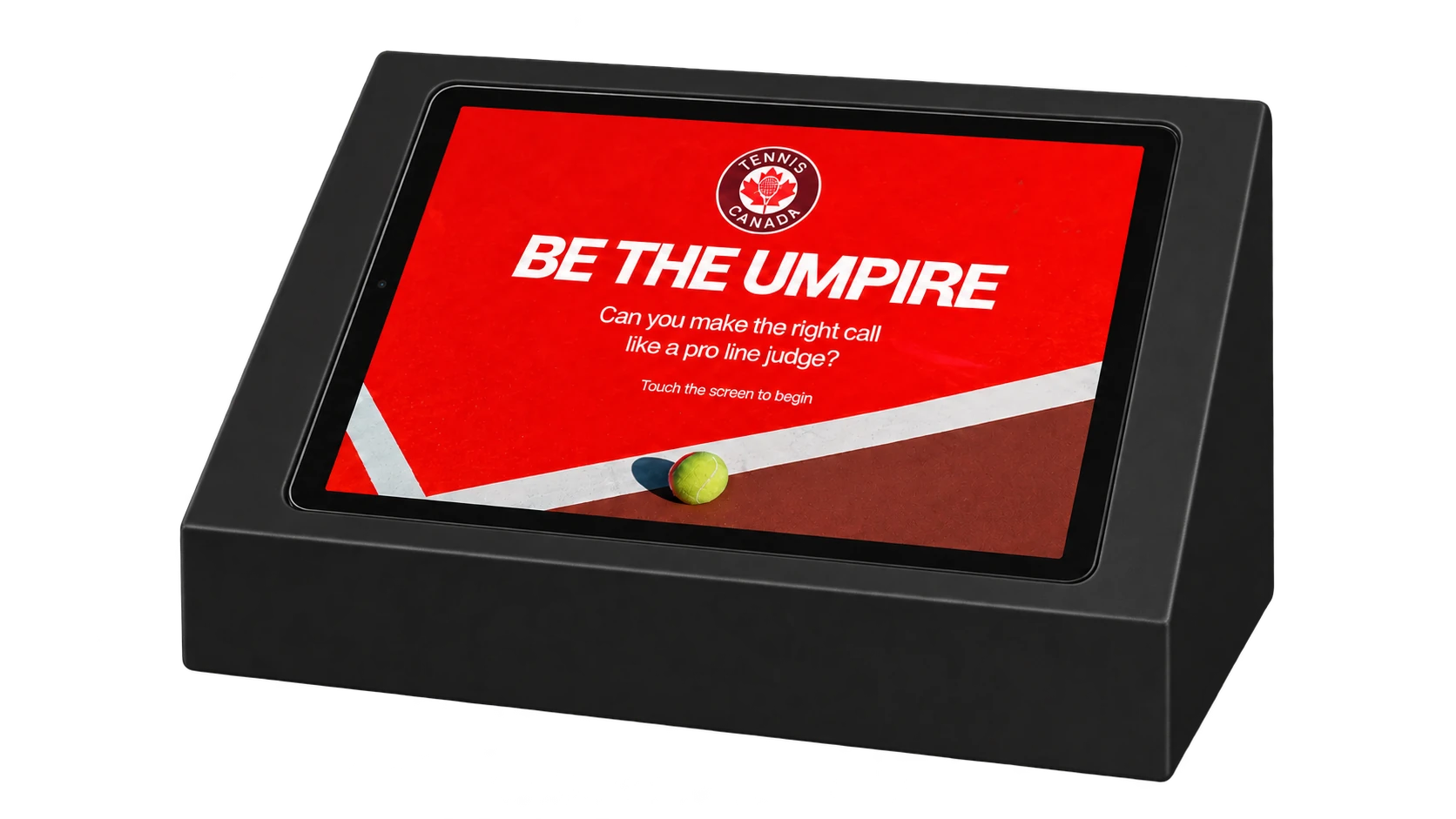 iPad built into a black plinth showing the Tennis Canada Be the Umpire welcome screen