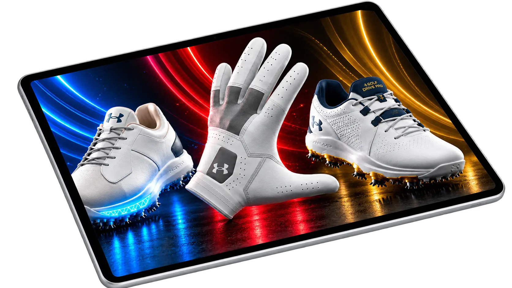 Under Armour golf shoes and glove animation displayed on a tablet